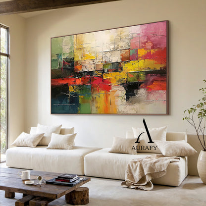 3D Textured Abstract Painting with High-Relief Plaster Tactile Surface Pink Green Yellow Knife Strokes AURA571