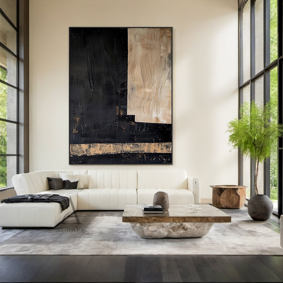 Black Abstract Wall Art with a Striated Beige Panel and Band - AURA843
