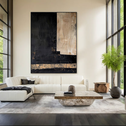 Black Abstract Wall Art with a Striated Beige Panel and Band - AURA843