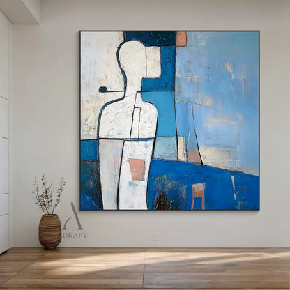 Abstract Blue Art Hand-Painted Tactile Brushstroke Modern Geometric Figure With Orange Accents AURA647