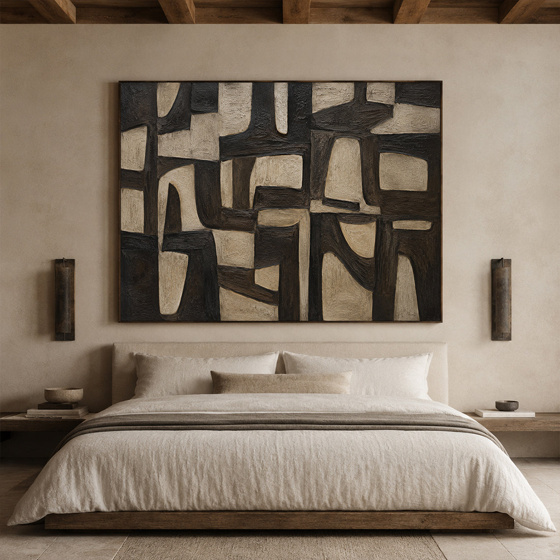 Plaster Textured Abstract Wall Art Black Brown Wabi-Sabi Japandi Minimalist Geometric Tactile Handcrafted Canvas Decor AURA769