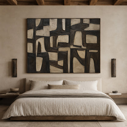 Plaster Textured Abstract Wall Art Black Brown Wabi-Sabi Japandi Minimalist Geometric Tactile Handcrafted Canvas Decor AURA769
