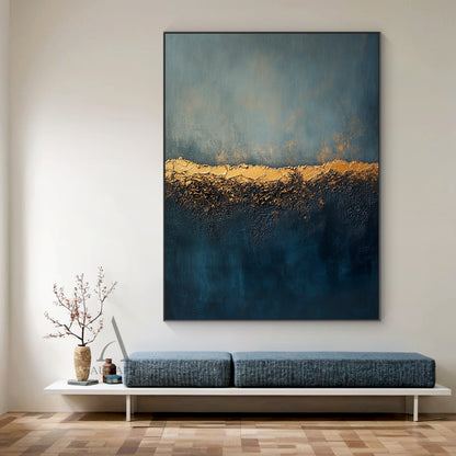 Blue Gold Abstract Plaster Textured High Relief Japandi Wabi-Sabi Minimalist Luxe Canvas Wall Art AURA726