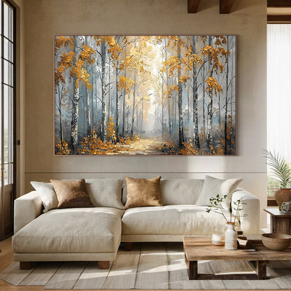 Plaster Textured Autumn Birch Forest Knife Stroke Wabi-Sabi Yellow Brown Gray Canvas Wall Art AURA716