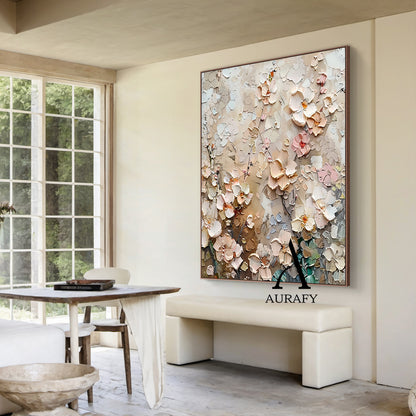 3D Textured Flower Painting High-Relief Tactile Beige Tone Knife Strokes Modern Organic Art AURA572