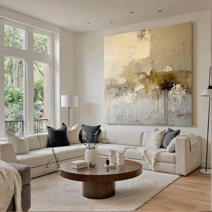 General Abstract Beige Plaster Textured Wabi-Sabi Art with Tactile Surface Paint Drips and Chipped Layers AURA611