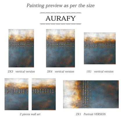 Blue and Beige Abstract Wall Art with a Golden Dot Grid - AURA851