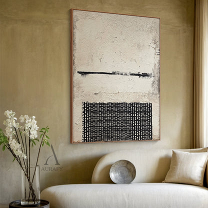 Abstract Black Beige Cracked Plaster Textured Hand-painted Grid Wabi-Sabi Minimalist Modern Art AURA597