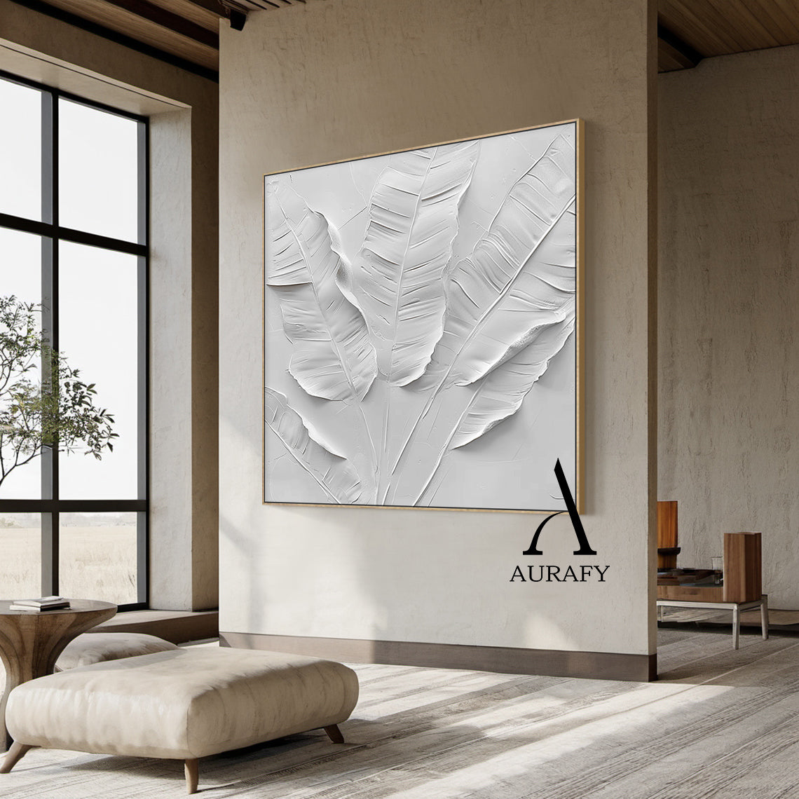 3D Textured White Banana Leaf Art High-Relief Sculpted Canvas Modern Organic Minimalist Luxe AURA523
