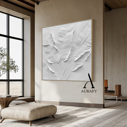 3D Textured White Banana Leaf Art High-Relief Sculpted Canvas Modern Organic Minimalist Luxe AURA523