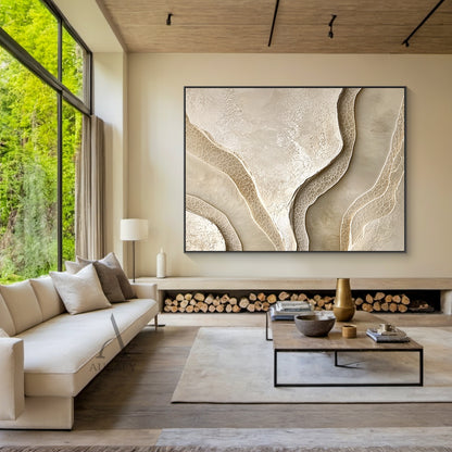 Beige Abstract Landscape Art Tactile High-Relief Plaster Sculpted Canvas Modern Organic Piece AURA439