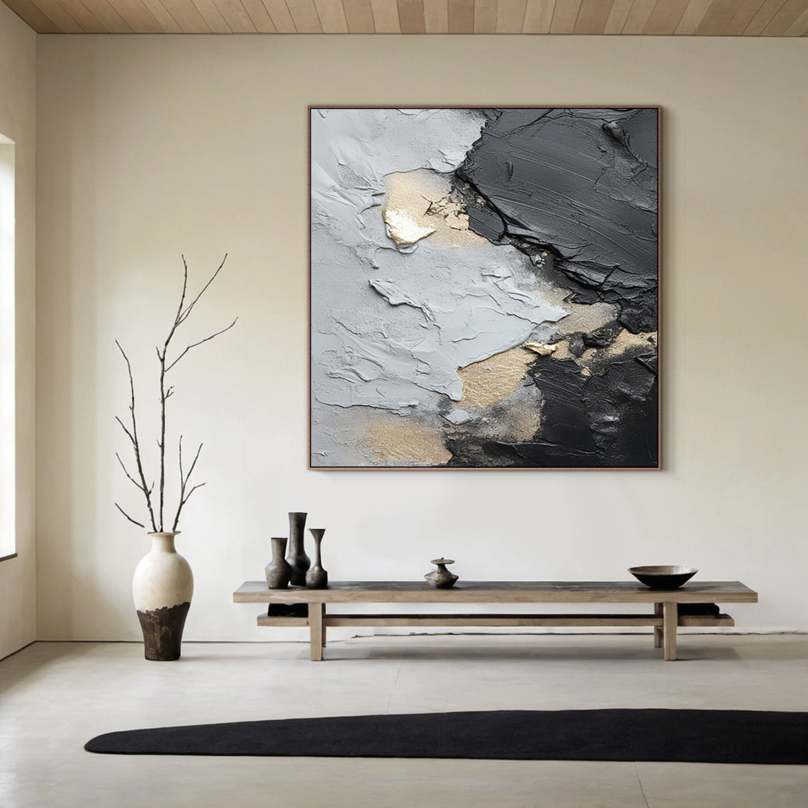 Dynamic Metallic Canvas – Charcoal, Silver & Gold Accents – AURA002(Vertical)
