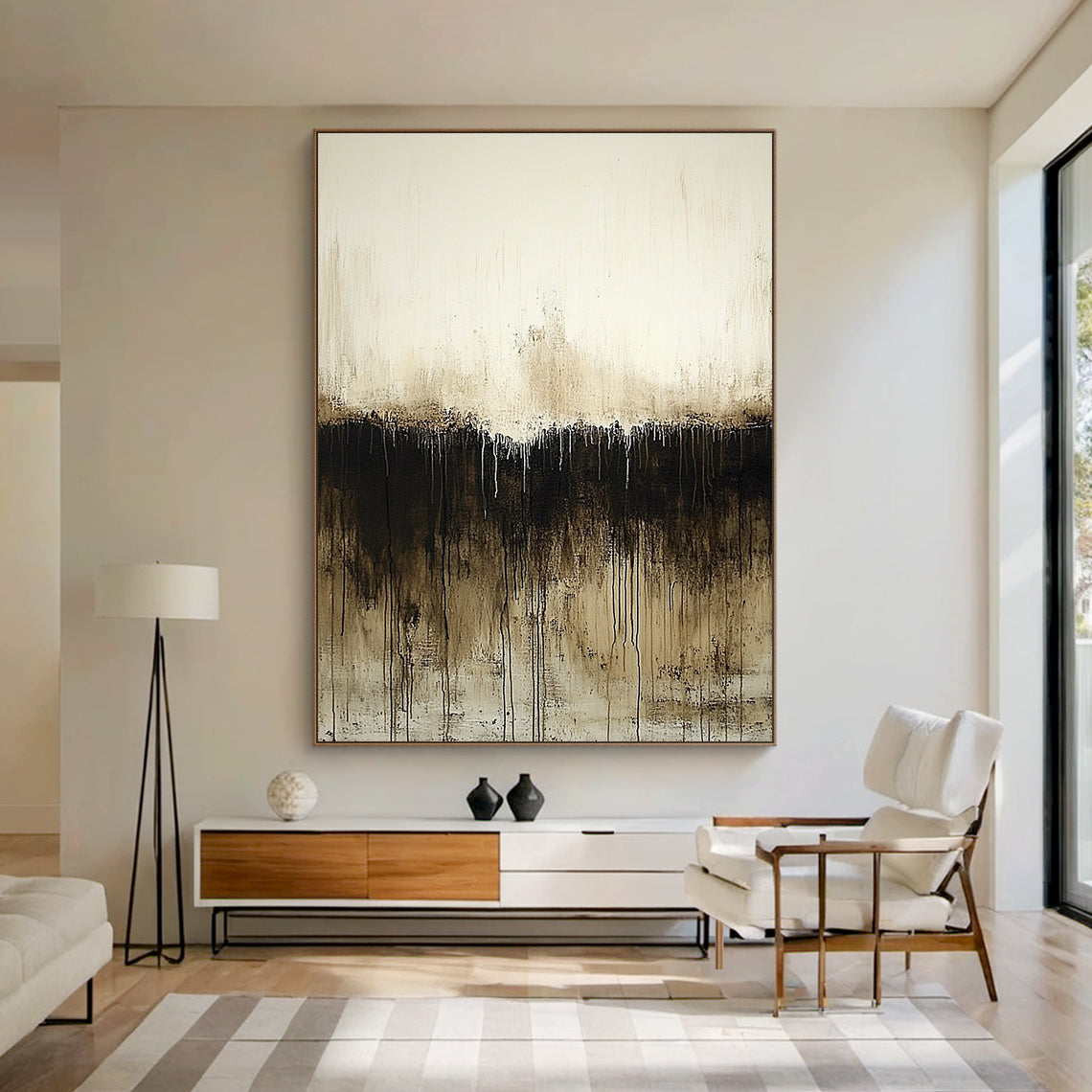 Wabi Sabi Abstract Art Beige Black Hand-Painted Drips Tactile Surface Organic Lines Unrefined Texture AURA583