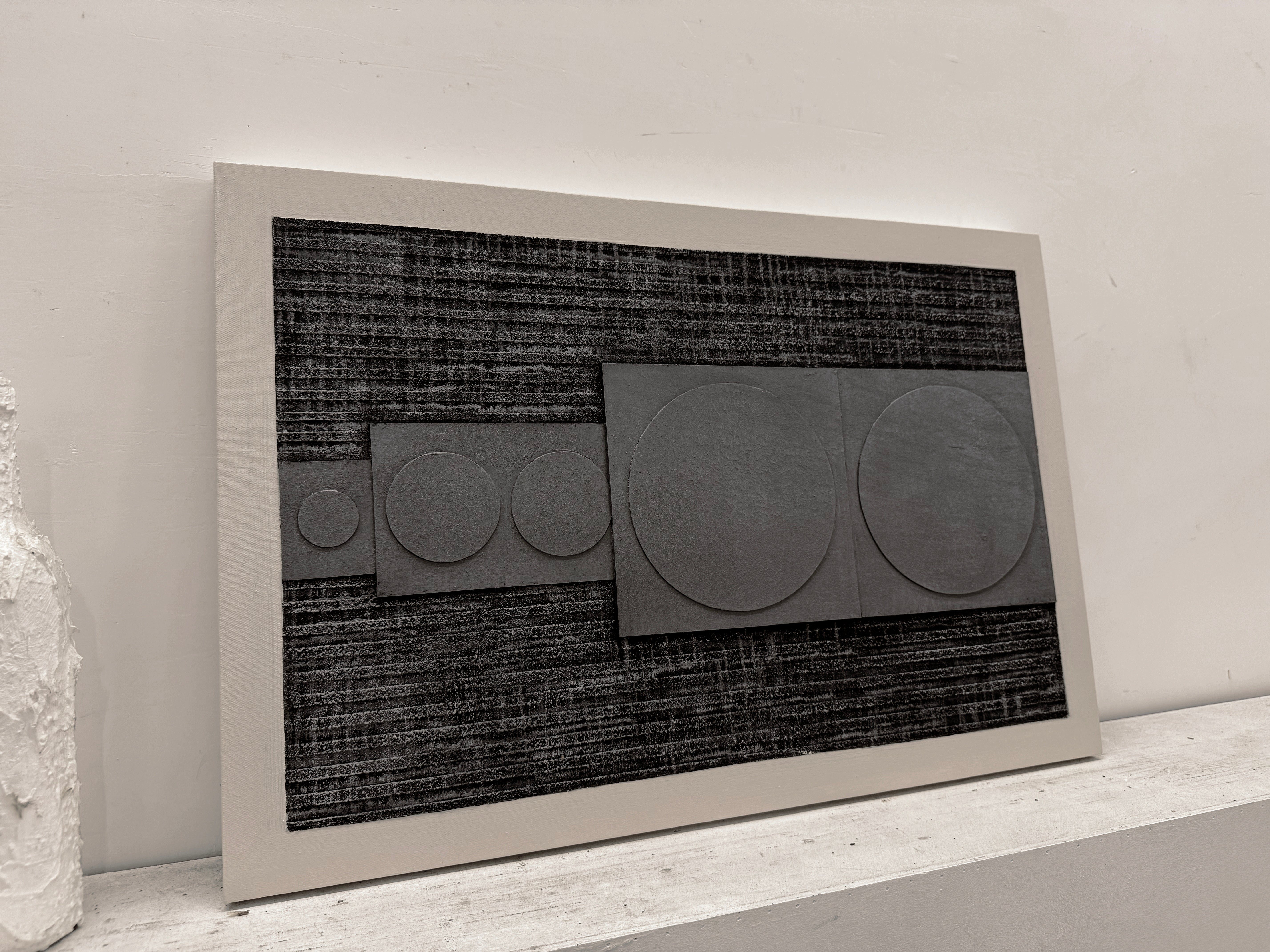 Abstract Textured Geometric Art Plaster Black Gray Sculpted Canvas Wabi-Sabi Japandi Minimalist Wall Decor AURA728