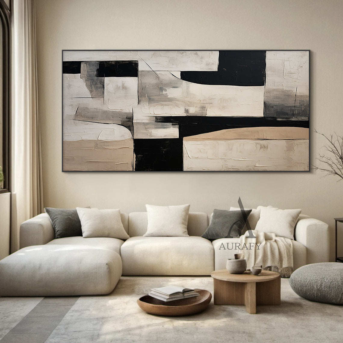 General Abstract Black Beige White Impasto Textured Tactile Surface Minimalist Luxe Artwork AURA484