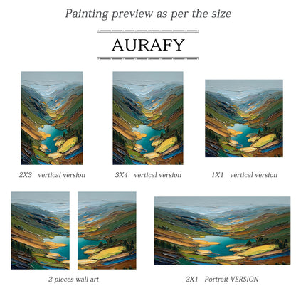 Green Impasto Landscape Artwork Plaster Textured Knife Stroke Mountain Lake Wabi-Sabi Modern Organic Wall Art AURA749