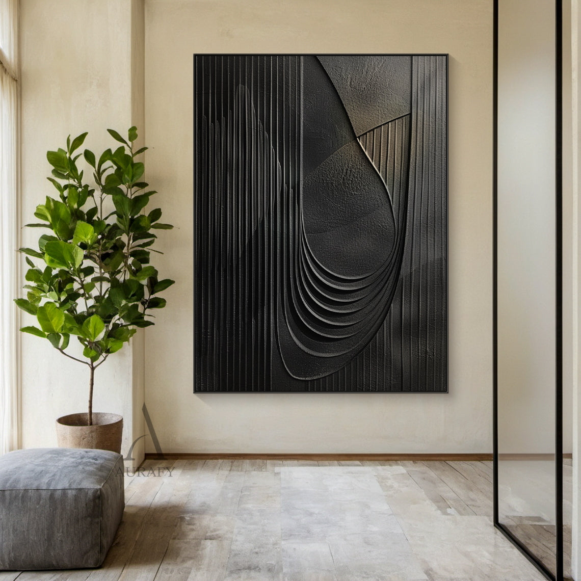 Minimalist Black Wall Art Sculpted High-Relief Tactile Surface Layered Curves Vertical Stripes AURA429