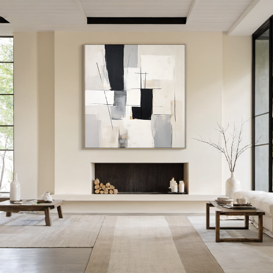 Geometric Lines Monochrome Minimalist Abstract Wall Art  – AURA052(Vertical)