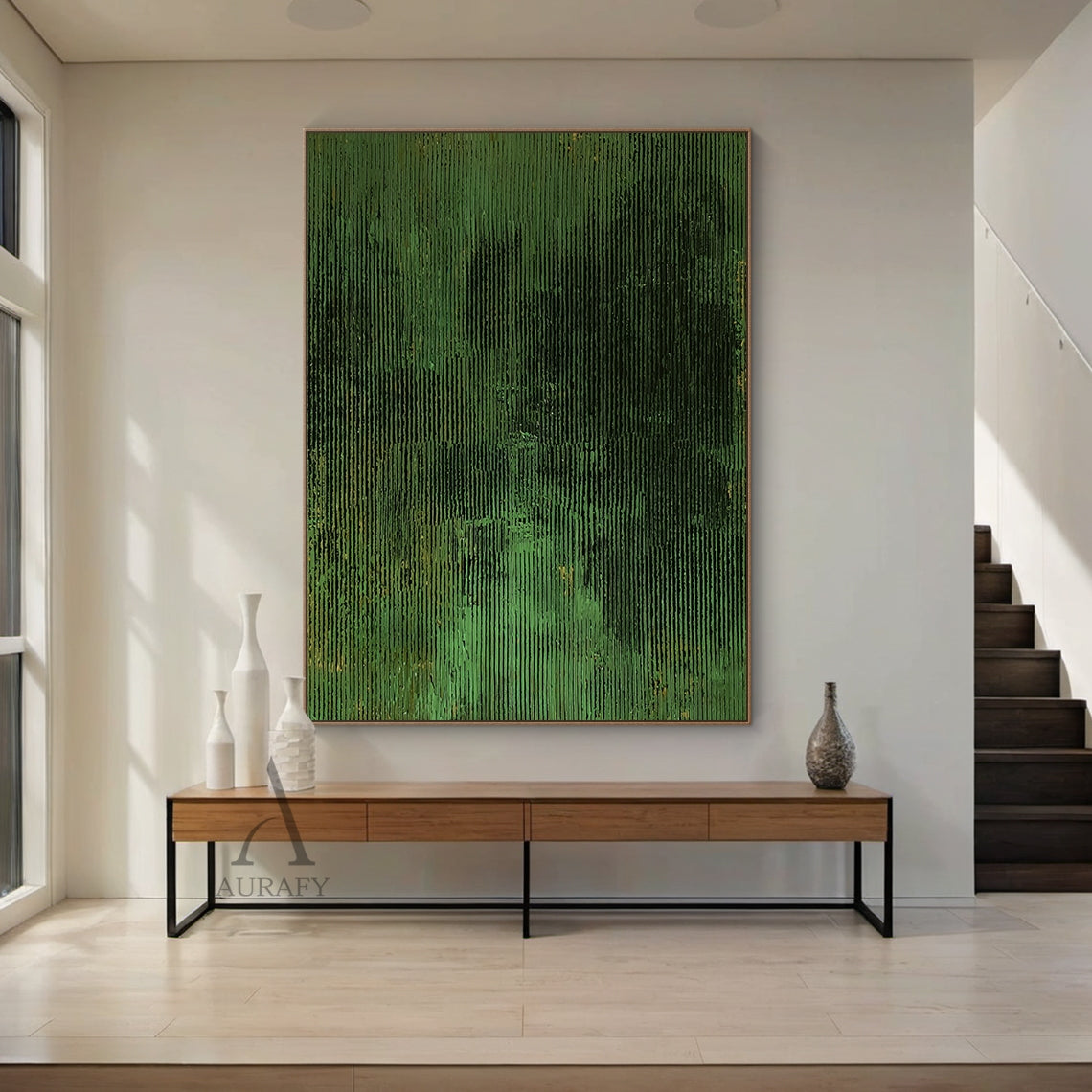3D Textured Green Abstract Painting Sculpted Tactile High-Relief Surface Dark Gold Accents AURA466