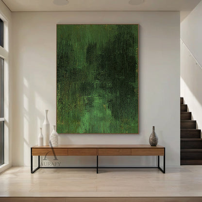 3D Textured Green Abstract Painting Sculpted Tactile High-Relief Surface Dark Gold Accents AURA466