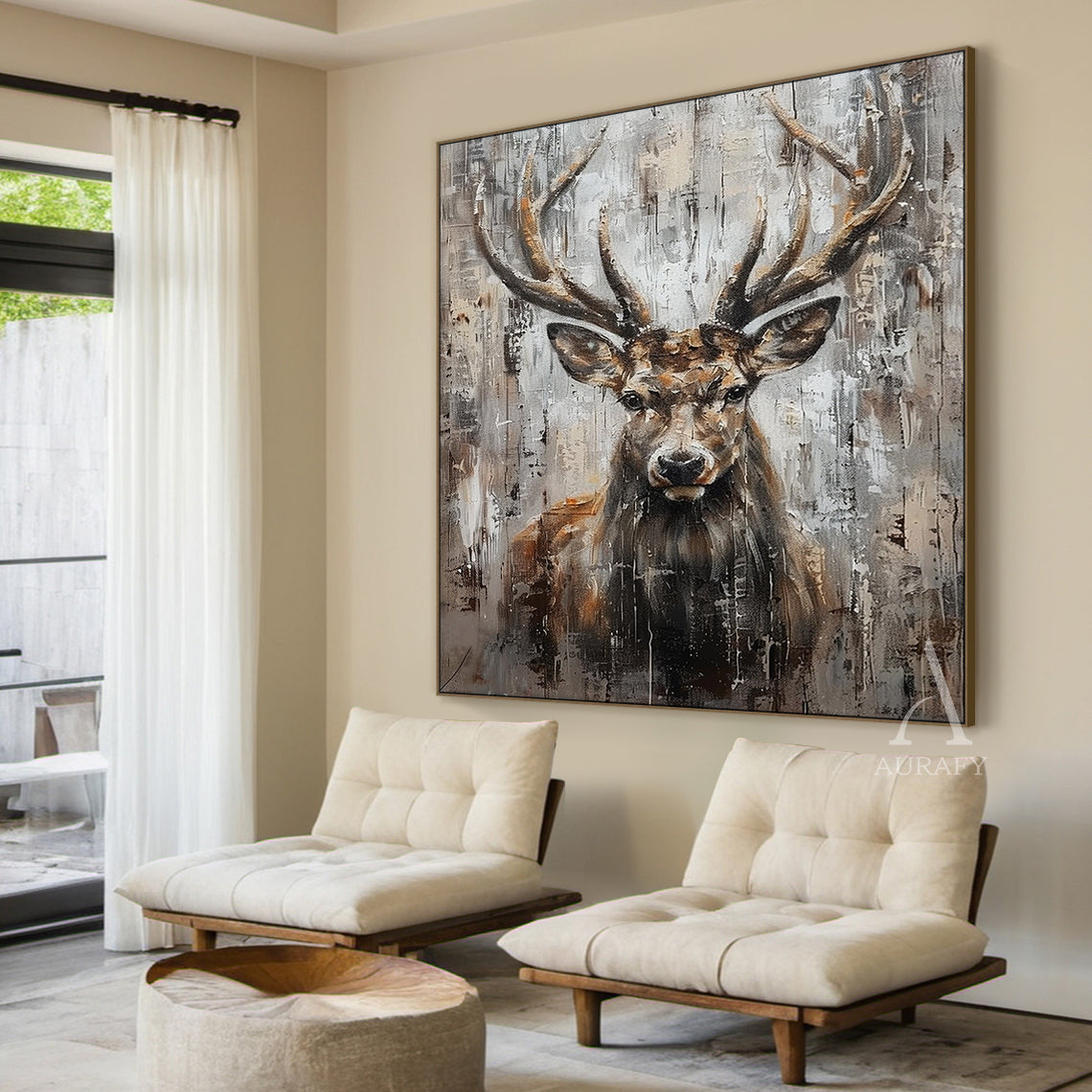 Wabi-sabi Large Textured Brown Stag Animal Oil Painting Canvas Wall Art-AURA339
