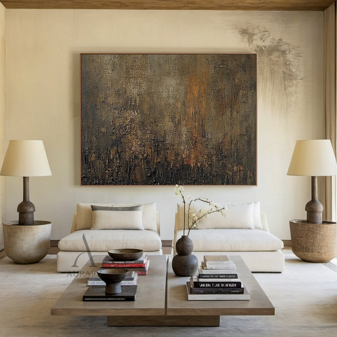 Umber and Rust Abstract Wall Art with Dense Mottled Texture - AURA849