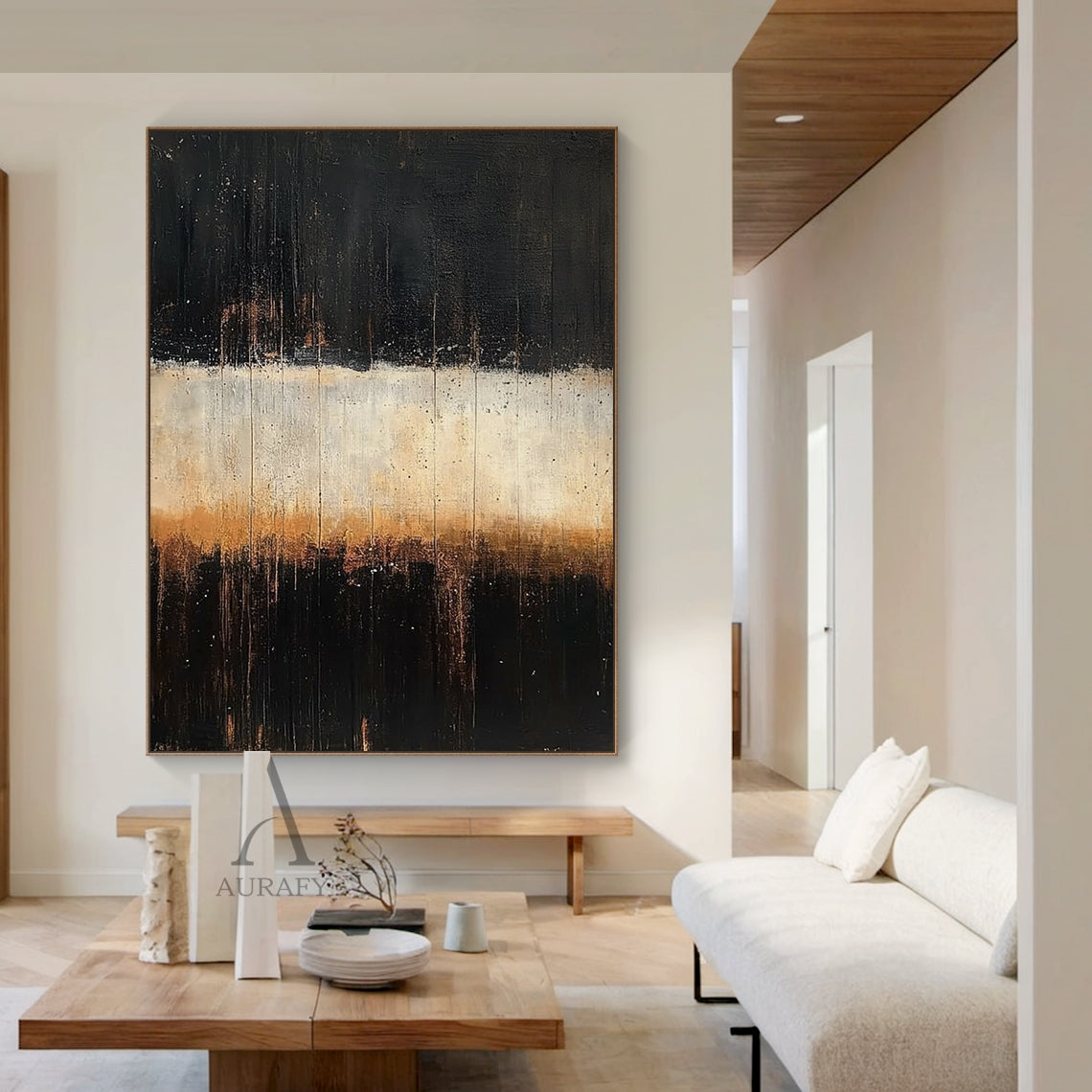 Abstract Black Beige Speckled Knife Strokes Vertical Tactile Canvas Art Minimalist Luxe AURA608