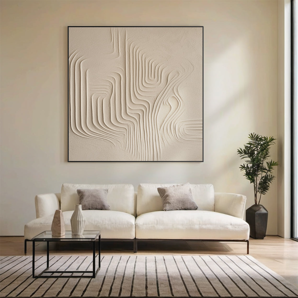 Flowing Square Texture Canvas-Warm Cream Tones-AURA046