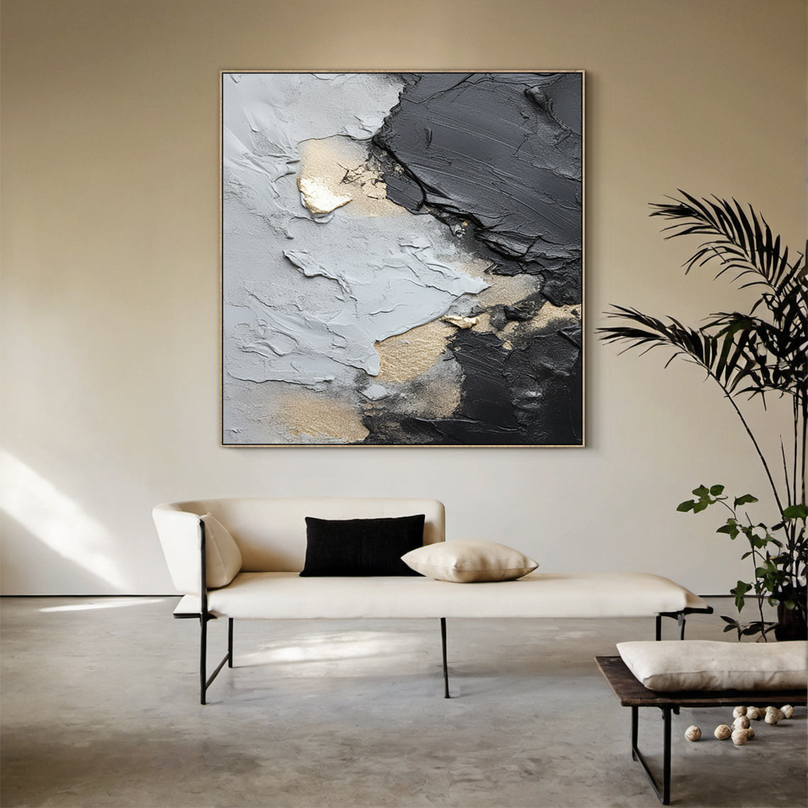 Dynamic Metallic Canvas – Charcoal, Silver & Gold Accents – AURA002(Square)