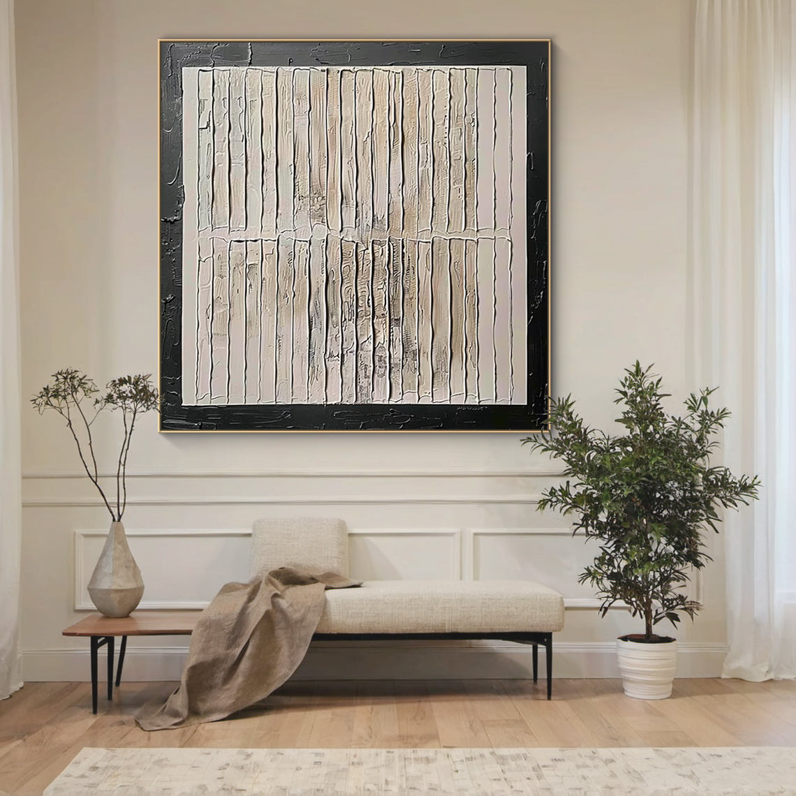 Minimalist Grid Textural Canvas – Cream & Black Accent – AURA006(Square)