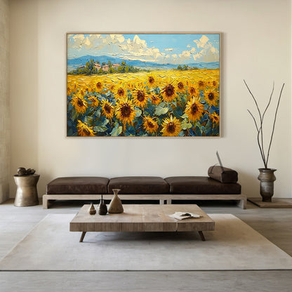 Yellow Sunflower Landscape Impasto Oil Painting Tactile Knife Strokes Rural Countryside Distant Mountains Blue Sky AURA419
