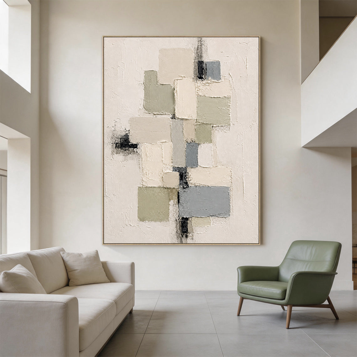 3D Textured Plaster Painting Wabi-Sabi Japandi Geometric Green Beige Knife Stroke Sculpted Canvas Wall Decor AURA753