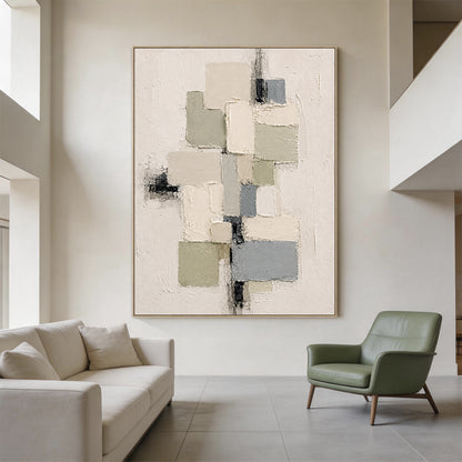 3D Textured Plaster Painting Wabi-Sabi Japandi Geometric Green Beige Knife Stroke Sculpted Canvas Wall Decor AURA753