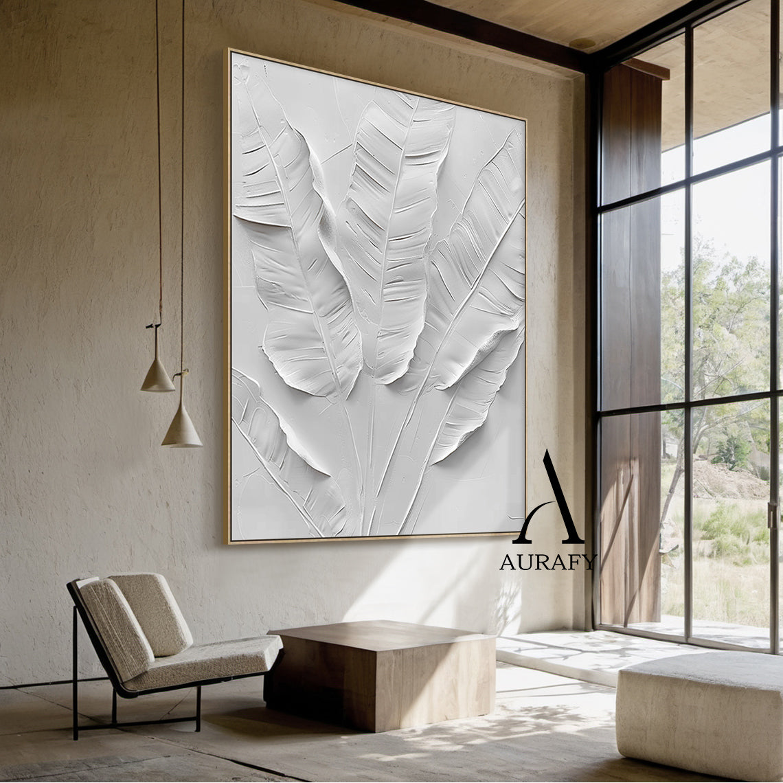 3D Textured White Banana Leaf Art High-Relief Sculpted Canvas Modern Organic Minimalist Luxe AURA523