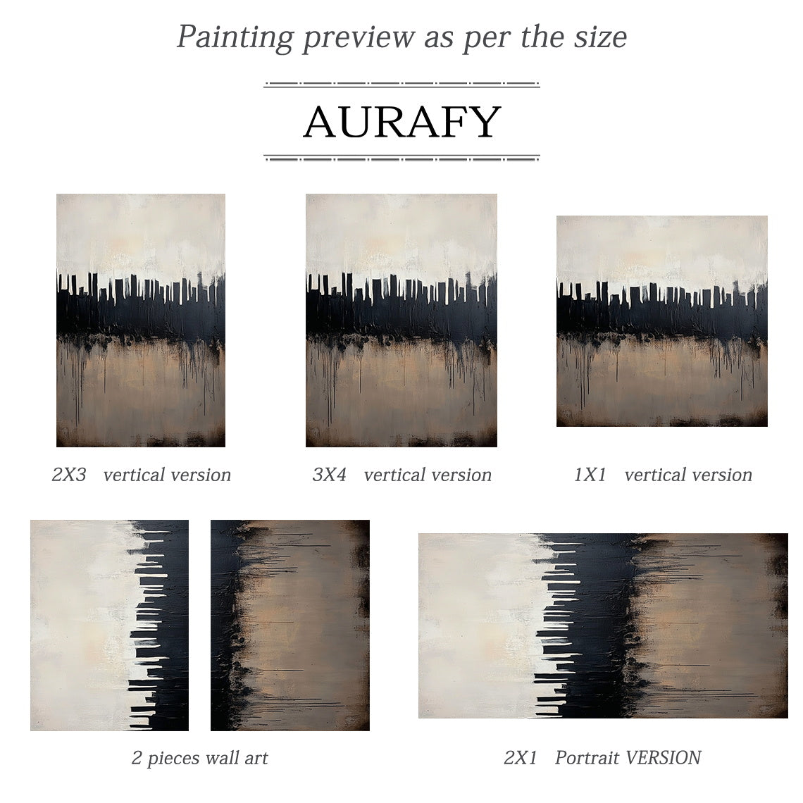 Abstract City Skyline Art with Tactile Thick Brushstrokes Drip Texture Minimalist Luxe Black Beige AURA610