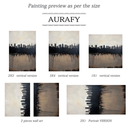 Abstract City Skyline Art with Tactile Thick Brushstrokes Drip Texture Minimalist Luxe Black Beige AURA610