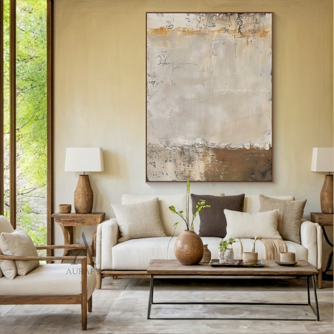 Pale Beige Abstract Painting with Weathered Ochre Traces - AURA844