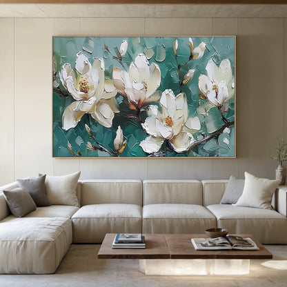 Textured Magnolia Oil Painting Green White Palette Knife Modern Organic Japandi Floral Wall Decor AURA717