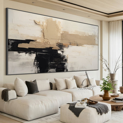 Abstract Beige White Black Plaster Textured Tactile Surface Modern Minimalist Knife Strokes Artwork AURA475