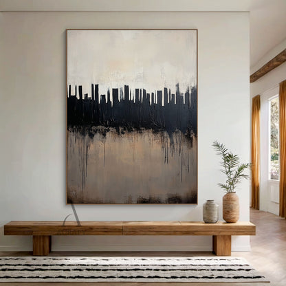 Abstract City Skyline Art with Tactile Thick Brushstrokes Drip Texture Minimalist Luxe Black Beige AURA610