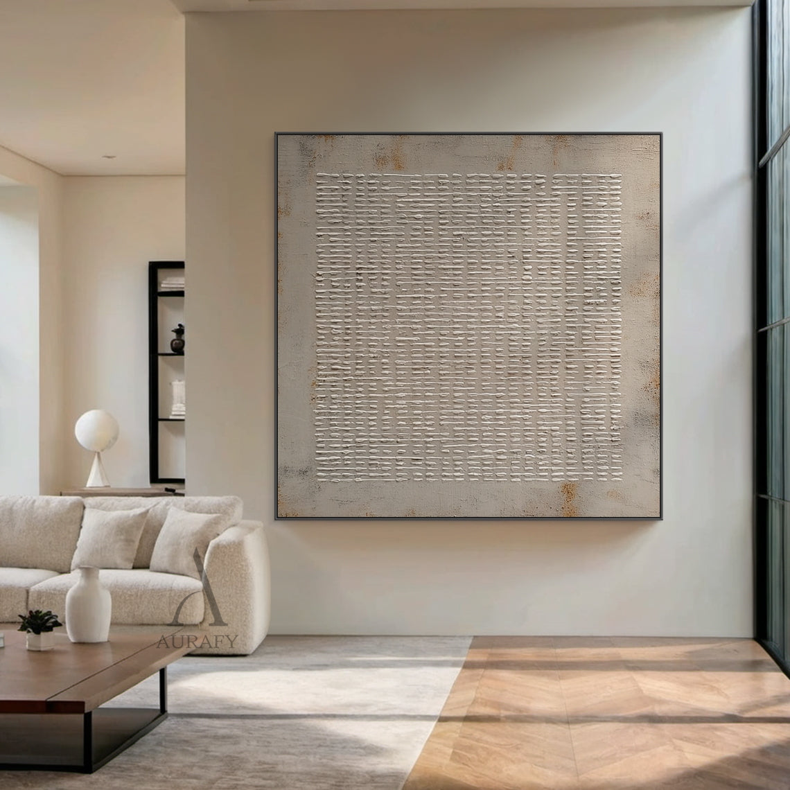 Abstract Gray Textural High-Relief Plaster Art with Irregular Grid Rust Accents Tactile Surface Minimalist Industrial AURA629