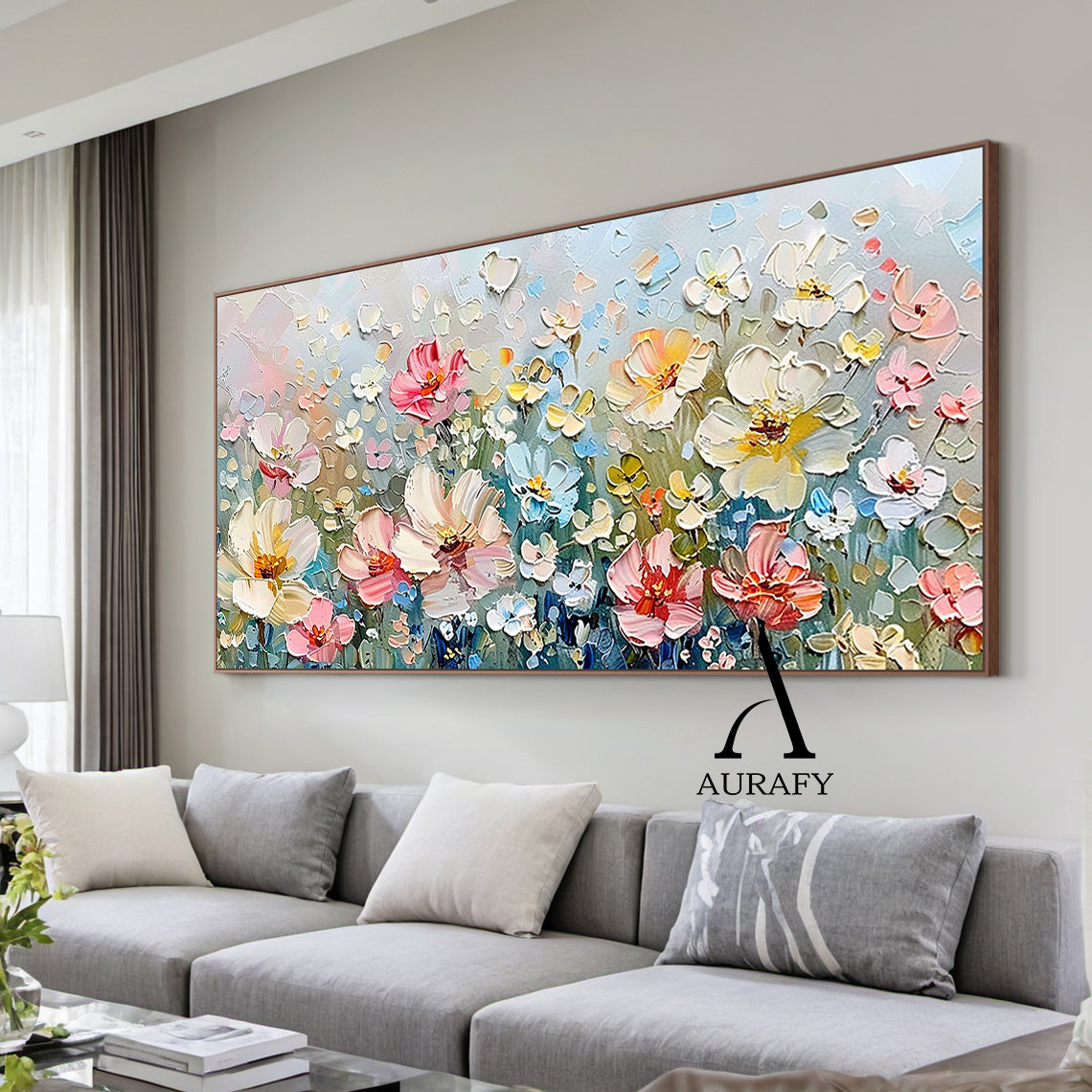 3D Textured Flower Painting Thick Impasto Blue Pink Sculpted Petals Knife Strokes Artwork AURA573