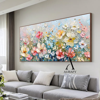 3D Textured Flower Painting Thick Impasto Blue Pink Sculpted Petals Knife Strokes Artwork AURA573