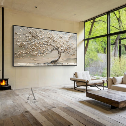 3D Textured Beige Tree Painting High-Relief Sculpted Tactile Surface Modern Organic Luxe AURA467