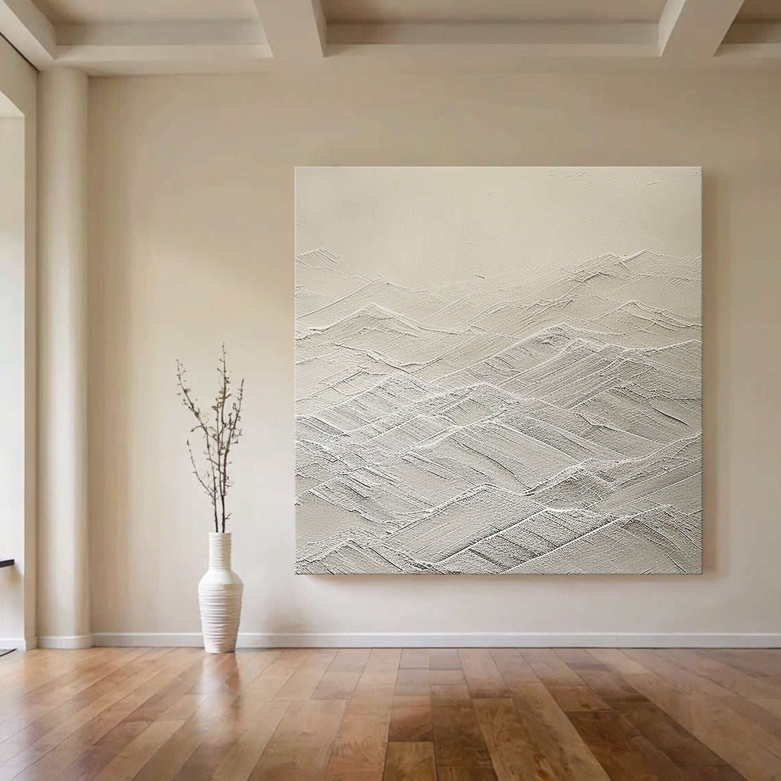 Mountain Ridge Relief Canvas – Cream & White Tones – AURA042(Horizontal)