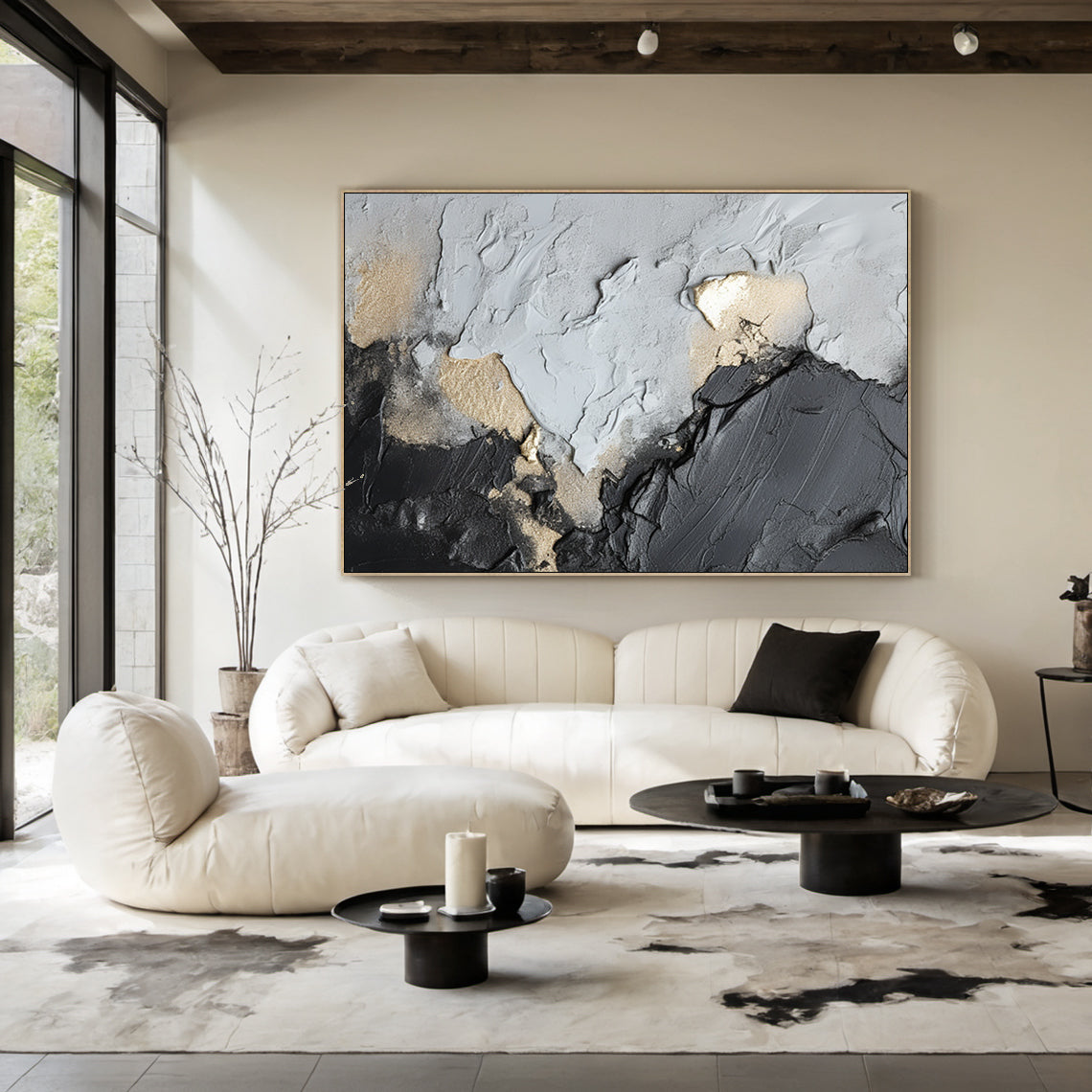 Dynamic Metallic Canvas – Charcoal, Silver & Gold Accents – AURA002(Horizontal)