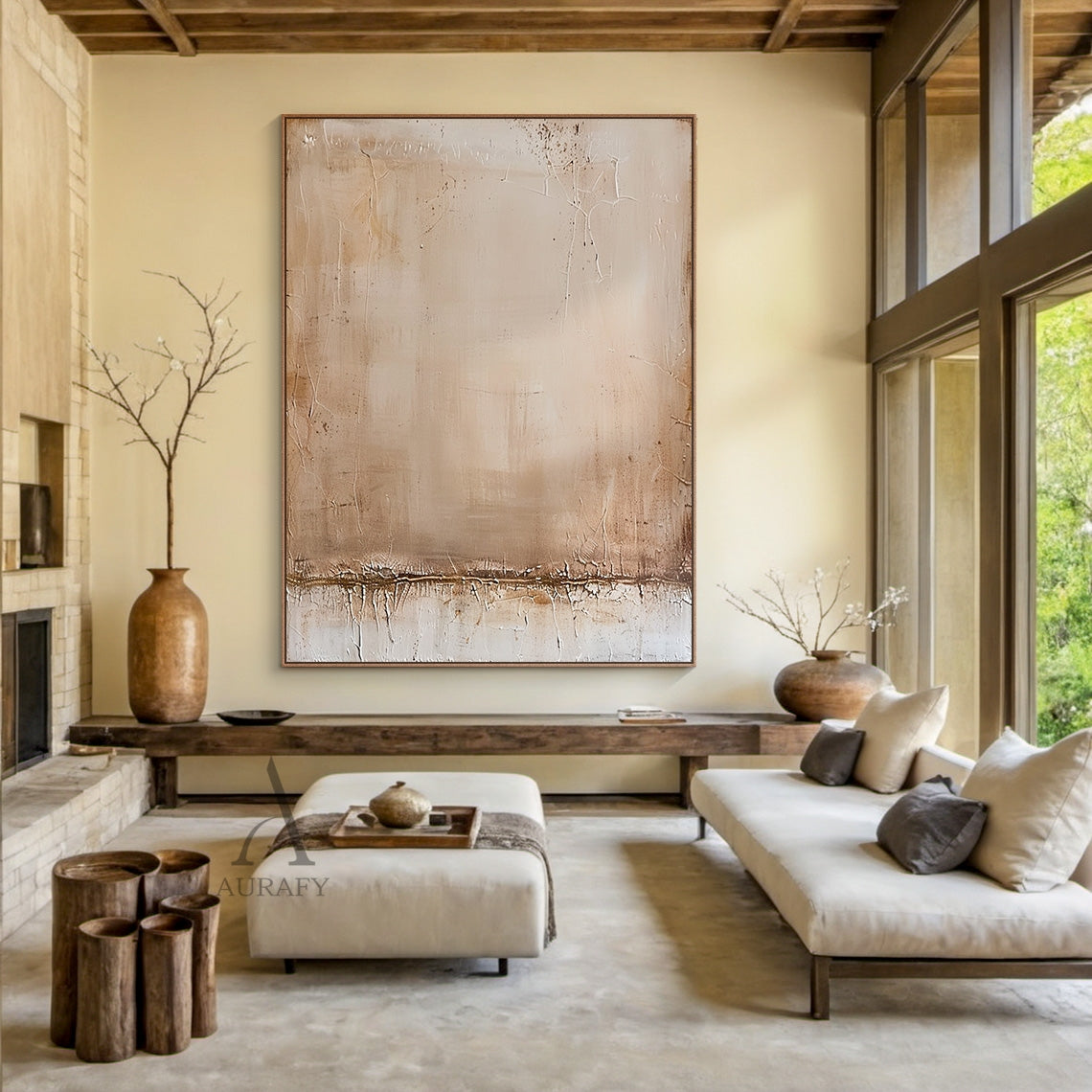 Beige Abstract Art Crackle Texture Wabi-Sabi Minimalist Tactile Surface Mottled Finish Thick Band AURA621