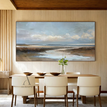 Blue Brown Knife Stroke Coastal Landscape Wabi-Sabi Textured Canvas Minimalist Oil Wall Art Decor AURA741
