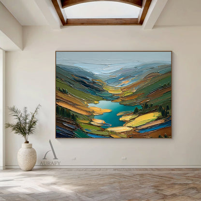 Green Impasto Landscape Artwork Plaster Textured Knife Stroke Mountain Lake Wabi-Sabi Modern Organic Wall Art AURA749