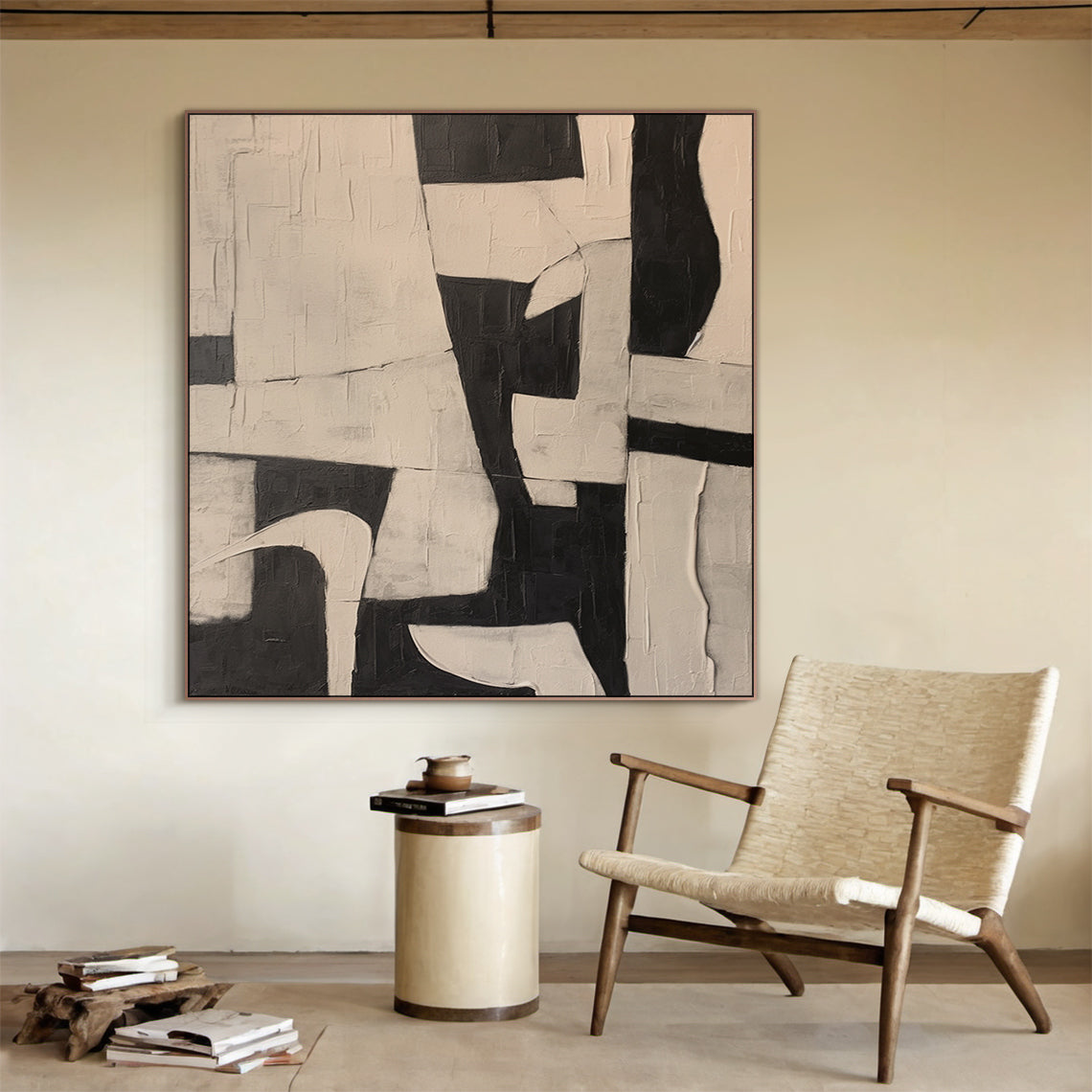 Abstract Geometric Texture Canvas – Noir & Sand painting – AURA050(Square)